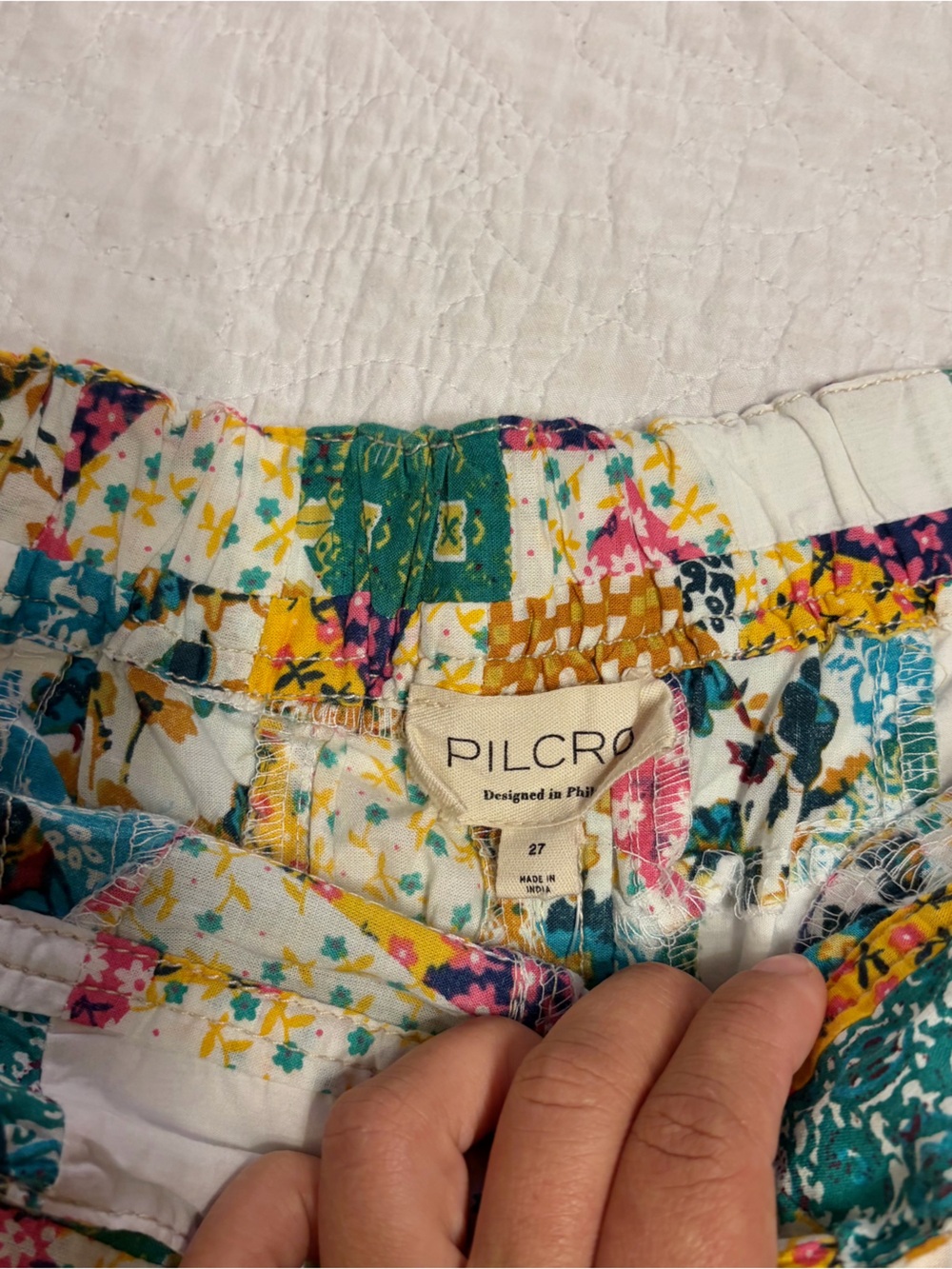 Pilcro Knit Patchwork Floral Shorts in Teal, Mustard & Pink - Picture 3 of 8